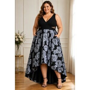Xscape Jersey Brocade High Low Gown Sz 16 Black Gray Roses Pockets Floral Formal